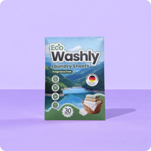 EcoWashly wasstrips Nordic Fresh – plasticvrije wasstrips met frisse geur, geproduceerd in Duitsland met biologisch afbreekbare ingrediënten en FSC-gecertificeerde verpakking.