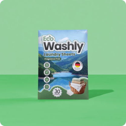 EcoWashly plasticvrije wasstrips verpakking op groene achtergrond – duurzaam wasmiddel dat goed voelt, 100% plasticvrij en geproduceerd in Duitsland.
