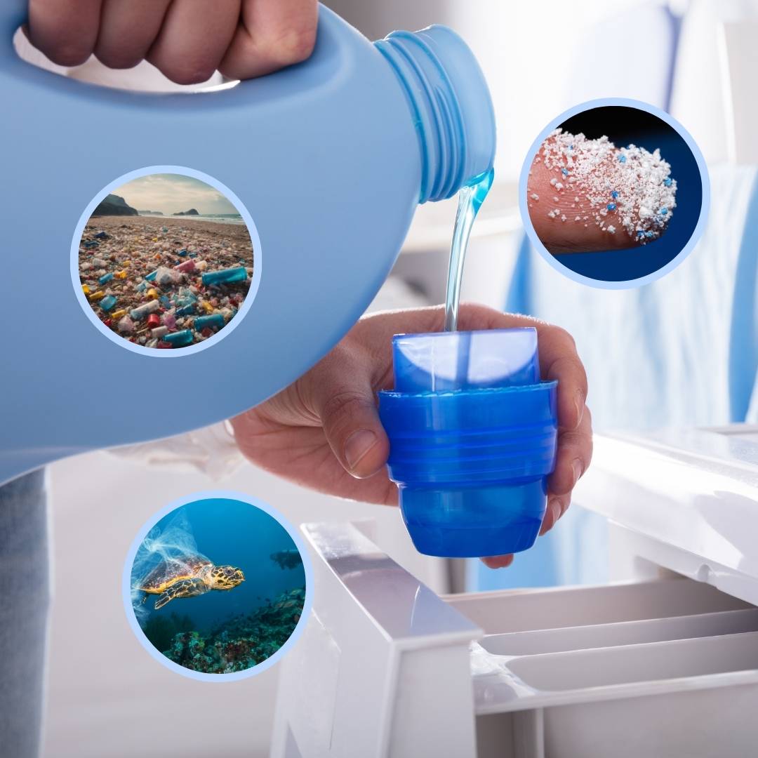 Traditioneel wasmiddel in plastic fles met microplastics en oceaanvervuiling – EcoWashly toont het probleem van niet-duurzaam wassen en de noodzaak van plasticvrije alternatieven.
