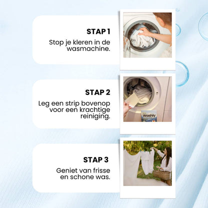 Gebruiksaanwijzing EcoWashly plasticvrije wasstrips – stap voor stap: kleding in de wasmachine, strip bovenop, frisse en schone was.