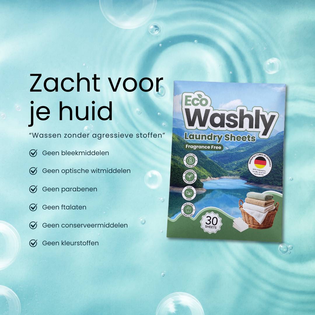 EcoWashly huidvriendelijke wasstrips – wassen zonder agressieve stoffen zoals bleekmiddelen of parabenen. Zacht voor je huid en duurzaam geproduceerd in Duitsland.