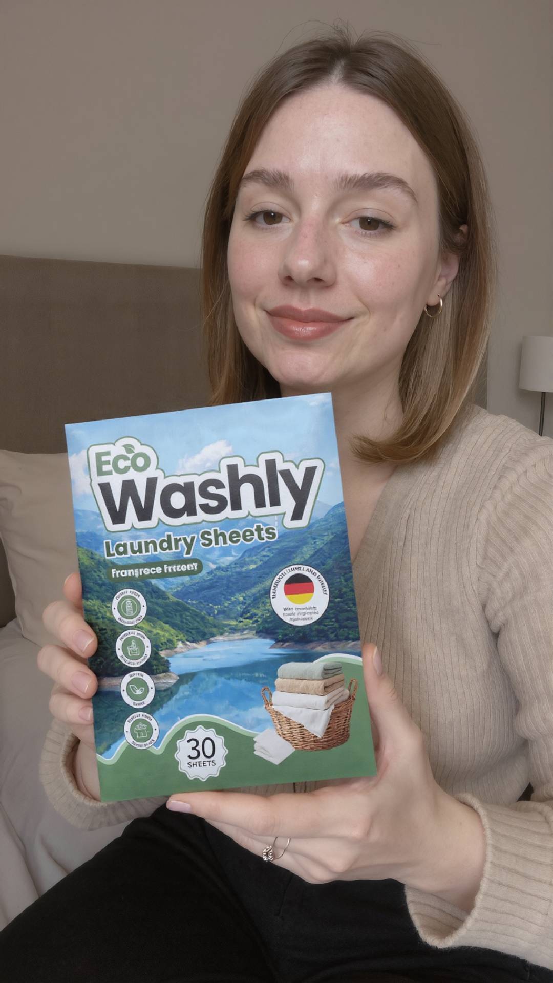 Tevreden klant met EcoWashly wasstrips – biologisch afbreekbaar en effectief wasmiddel zonder plastic, aanbevolen door duizenden gebruikers.