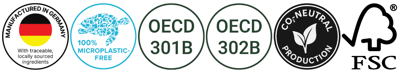 EcoWashly duurzame certificeringen – Made in Germany, 100% microplastic-vrij, OECD 301B en 302B biologisch afbreekbaar, CO₂-neutraal geproduceerd en FSC-gecertificeerd verpakt.