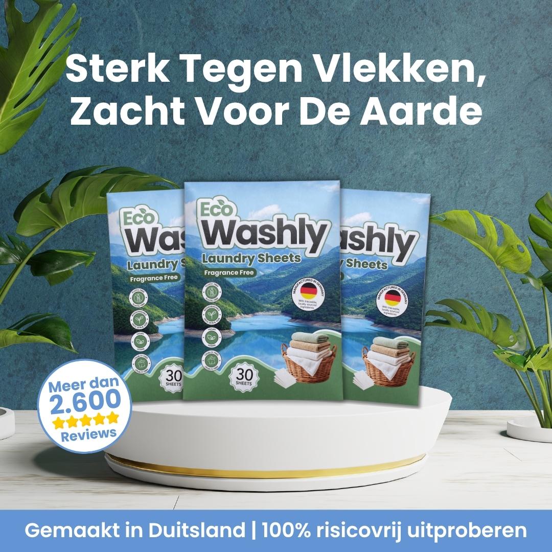 EcoWashly plasticvrije wasstrips – sterk tegen vlekken, zacht voor de aarde. Gemaakt in Duitsland en biologisch afbreekbaar.